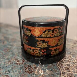 Elegant Black and Gold vintage 3 tiered lacquered food box.
